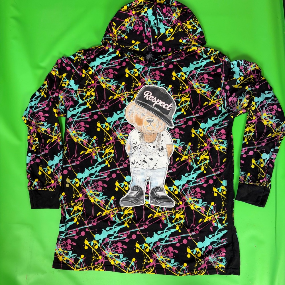 Vibes Respect Hustle Bear Hoodie Mens XL Black Paint Splatter AOP Art Streetwear